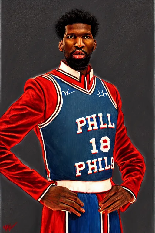 Prompt: full body portrait of the dictator of the philadelphia 7 6 ers, 1 8 8 9, in full military garb, joel embiid, oil on canvas by william sidney mount, trending on artstation