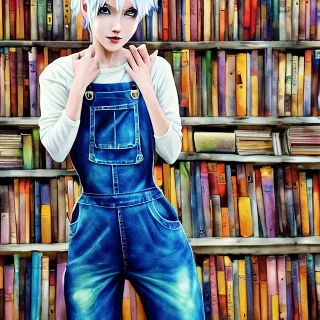 Prompt: full body pose, beautiful adult fairy, pixar, short white hair shaved sides, dirty, grungy, grunge, long sleeve, painted overalls, stacks of giant books, by sakimichan, highly detailed, 4 k, hdr, smooth, sharp focus, high resolution, award - winning photo, artgerm, photorealistic