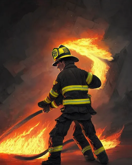 Image similar to heroic firefighter in action in black and yellow uniform, fire flames, sharp details, sharp focus, elegant, highly detailed, illustration, by jordan grimmer and greg rutkowski and pine ( ハイネ ) and 薯 子 imoko and 香 川 悠 作 and wlop and maya takamura, intricate