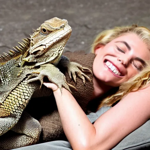 Image similar to a giant bearded dragon hanging out with blonde hair women laying down using the giant bearded dragon as a pillow