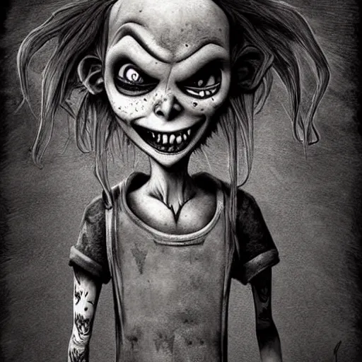 Prompt: grunge cartoon drawing of a cute chucky by - michael karcz , in the style of corpse bride, loony toons style, horror themed, detailed, elegant, intricate