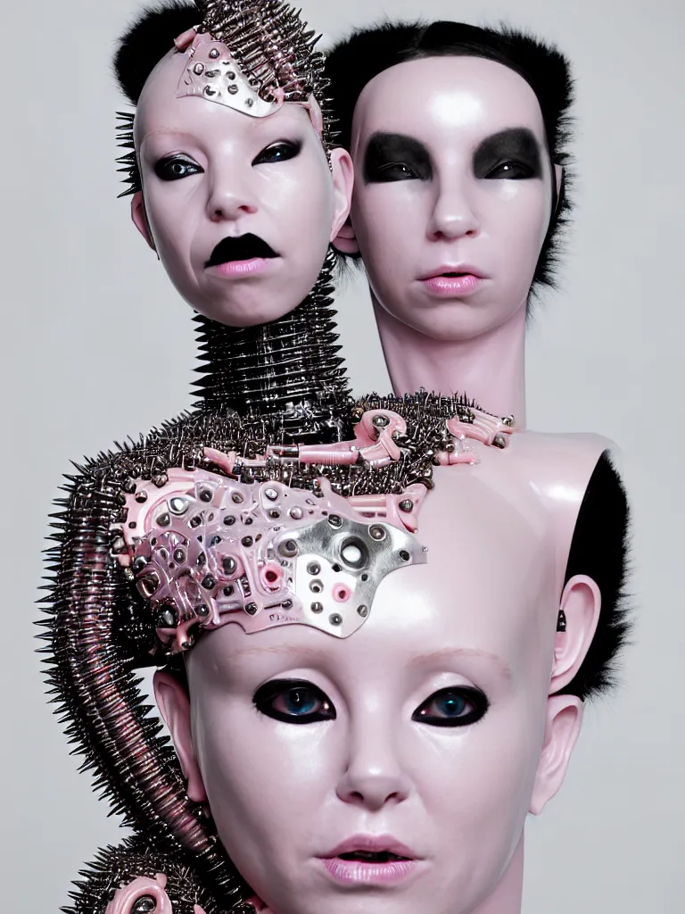 Image similar to portrait of a biomechanical goddess wearing a steel spikes studded iridescent beauty mask and pink hair buns, wearing a black bodysuit by alexander mcqueen, cream white background, soft diffused light, biotechnology, humanoid robot, perfectly symmetric, bjork aesthetic, translucent, by rineke dijkstra, intricate details, highly detailed, masterpiece,