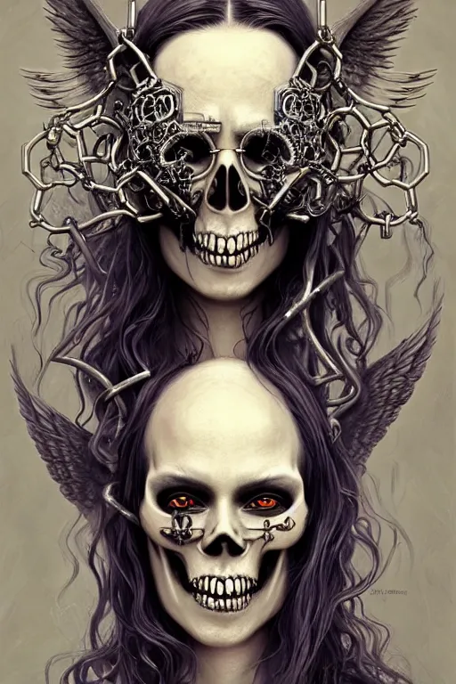 Prompt: evil angels that look like hippies with chain hair dancing with chains, fantasy, face with skull mask, long hair, intricate, elegant, highly detailed, digital painting, artstation, concept art, smooth, sharp focus, illustration, art by artgerm and greg rutkowski and aleister crowley