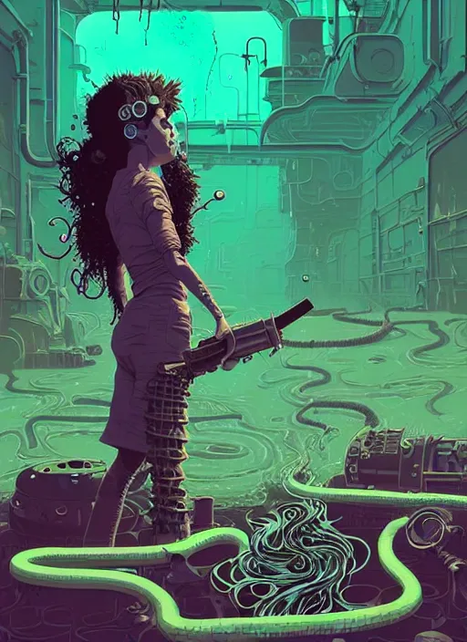 Image similar to highly detailed portrait of a lonely wasteland punk long dripping curly brown nuclear hair tribal lady, stray green slime hoses by atey ghailan, james gilleard, by joe fenton, by greg rutkowski, by greg tocchini, by kaethe butcher, 4 k resolution, gradient purple, brown black and white color scheme!!! ( ( green flaming robotic sewer background ) )