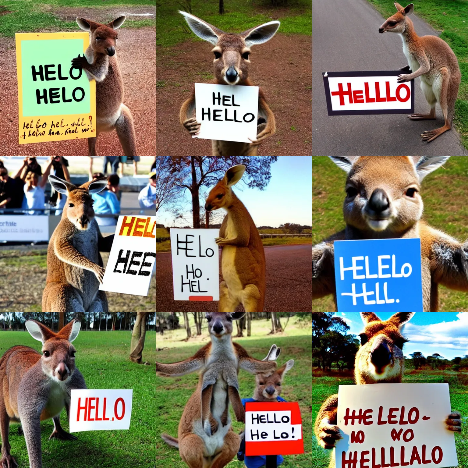 Prompt: <photo readable coherent perfect text='Hello'>A kangaroo holding a sign that says Hello</photo>