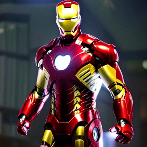 Prompt: promotional image of Chris Hemsworth as Iron Man in Iron Man（2008）, he wears Iron Man armor without his face, movie still frame, promotional image, imax 70 mm footage