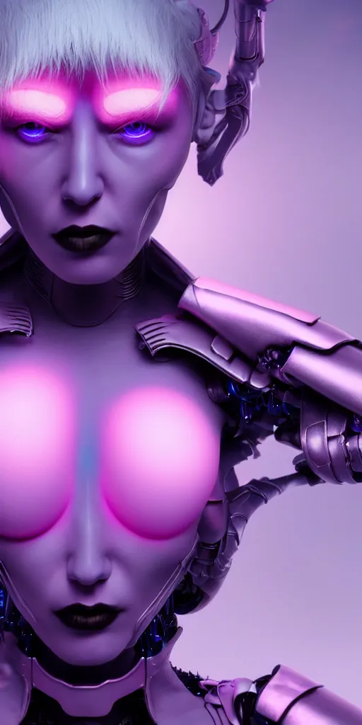 Image similar to matte painting close-up high quality render of gothic cyborg woman with white hair and pearlescent blue skin key sage wayne barlowe very soft pink neon lighting on one side wide angle 35mm shallow depth of field 8k