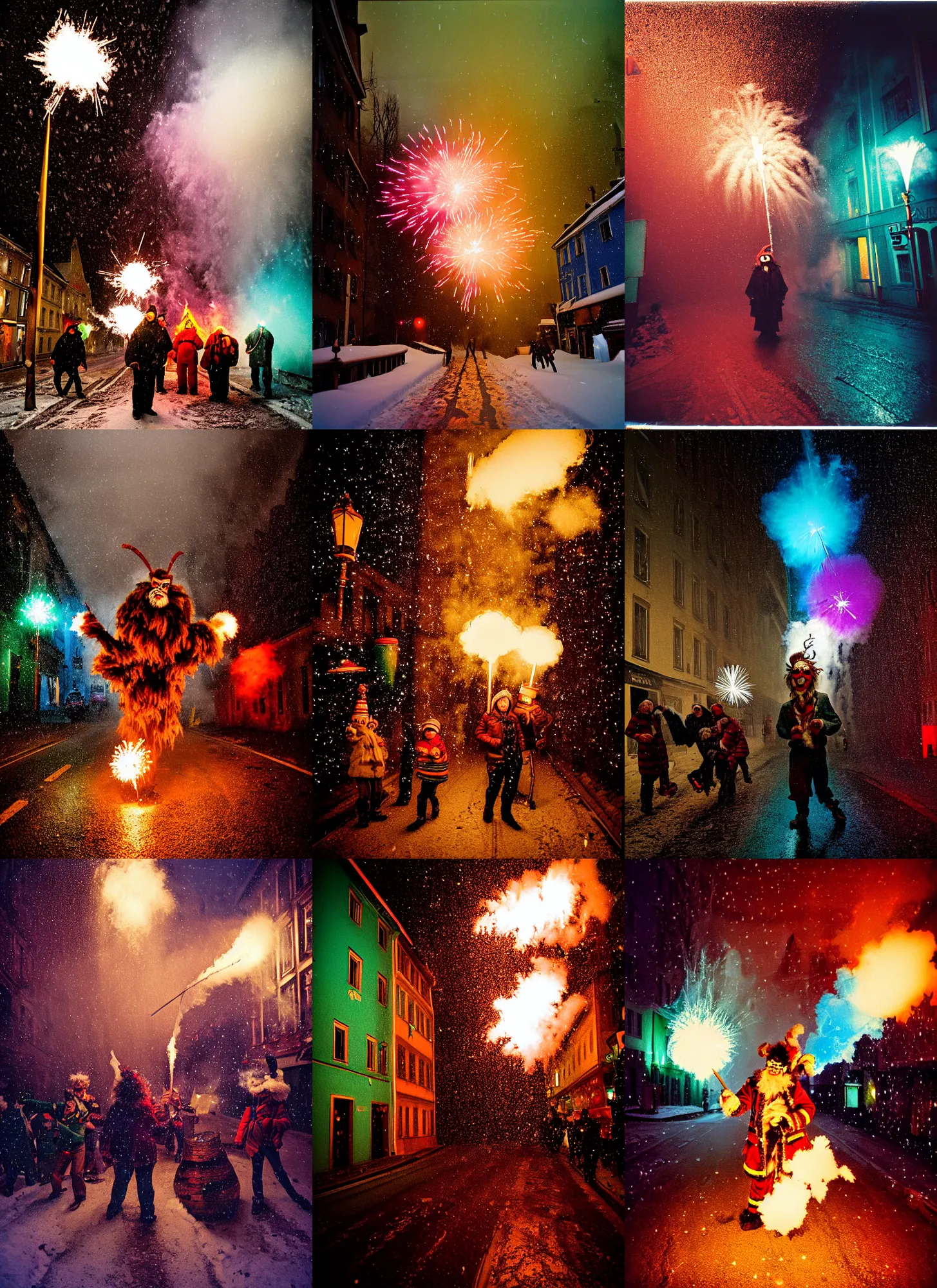 Image similar to kodak portra 4 0 0, wetplate, winter, snowflakes, rainbow coloured rockets, chaos, glitter tornados, award winning dynamic photo of a bunch of hazardous krampus between exploding fire barrels by robert capas, motion blur, in a narrow lane in salzburg at night with colourful pyro fireworks and torches, teal lights
