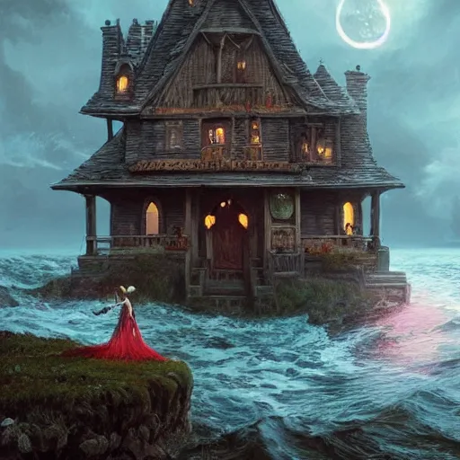Image similar to a scary witch on a broom in front of a witch house which is made out of candy, floating on the ocean, epic scene, fantasy, cinematic, hyper - detailed, in the style of greg rutkowski
