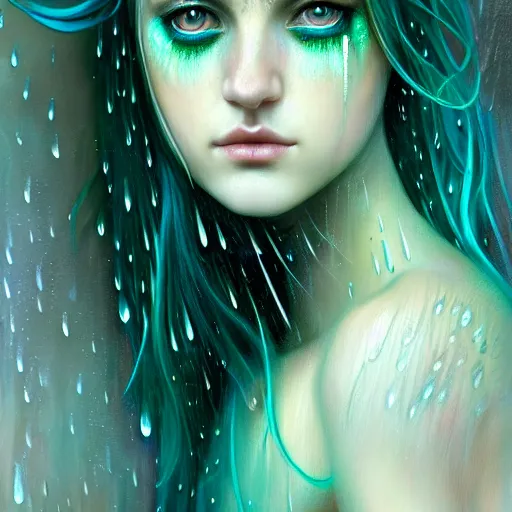 Image similar to girl in rain with wet hair and face, teal luna moth wing, fantasy, intricate, elegant, dramatic lighting, emotionally evoking symbolic metaphor, highly detailed, lifelike, photorealistic, digital painting, artstation, concept art, smooth, sharp focus, illustration, art by John Collier and Albert Aublet and Krenz Cushart and Artem Demura and Alphonse Mucha