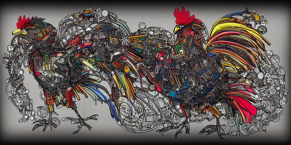 Prompt: colorful schematic of a fighting rooster made of car engine parts, schematic, dieselpunk, mix of styles, illustration, hand drawn, intricate, highly detailed