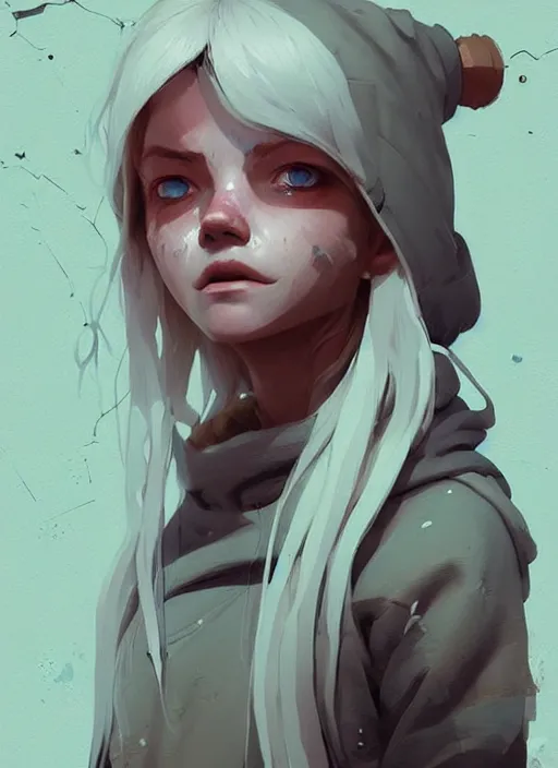 Prompt: highly detailed portrait of a sewer punk swedish young lady, hoodie, white hair by atey ghailan, by greg rutkowski, by greg tocchini, by james gilleard, by joe fenton, by kaethe butcher, gradient light blue, blonde, brown, cream and white color scheme, grunge aesthetic!!! ( ( graffiti tag wall background ) )