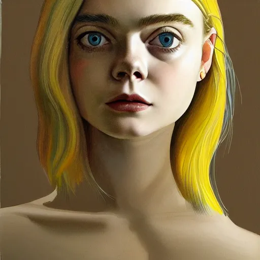 Image similar to professional painting of Elle Fanning in the style of Vanessa Beecroft, head and shoulders portrait, symmetrical facial features, smooth, sharp focus, illustration, intricate, stormy weather, extremely detailed masterpiece,