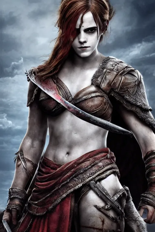 Image similar to Emma Watson as Kratos, brutal, detailed realistic, photorealistic, full body