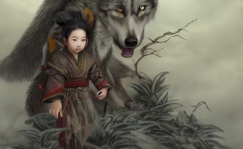 Prompt: wolf and cub chinese mythology, top view, cinematic, fantasy character portrait, highly detailed, 8 k realistic