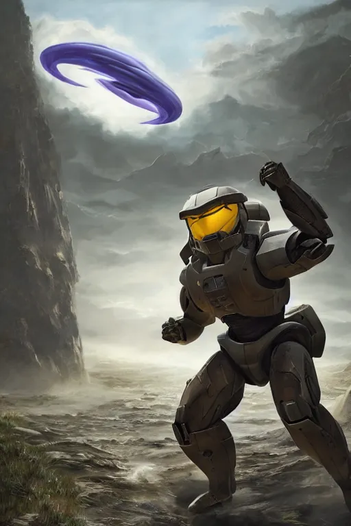 Image similar to arbok pokemon pokemon playing as master chief, oil on canvas, intricate, 8 k highly professionally detailed, hdr, cgsociety