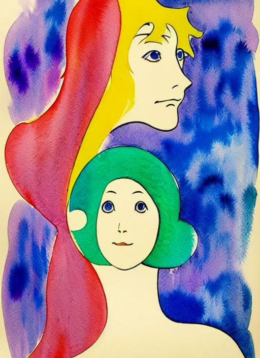 Prompt: vintage 7 0 s anime watercolor by jean arp, a portrait of a lady with colorful face - paint enshrouded in an impressionist watercolor, representation of mystic crystalline rift fractals in the background by william holman hunt, art by cicley mary barker, thick impressionist watercolor brush strokes, portrait painting by daniel garber, minimalist simple pen and watercolor