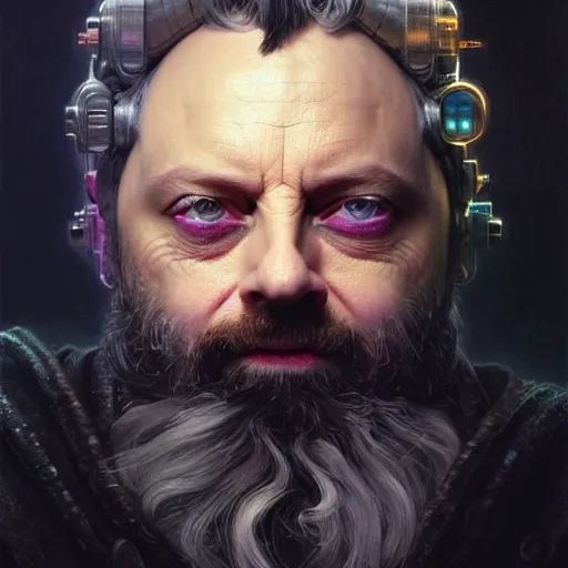 Image similar to portrait painting of a cyberpunk dwarf mage bald and bearded michael sheen, ultra realistic, concept art, intricate details, eerie, highly detailed, photorealistic, octane render, 8 k, unreal engine. art by artgerm and greg rutkowski and charlie bowater and magali villeneuve and alphonse mucha