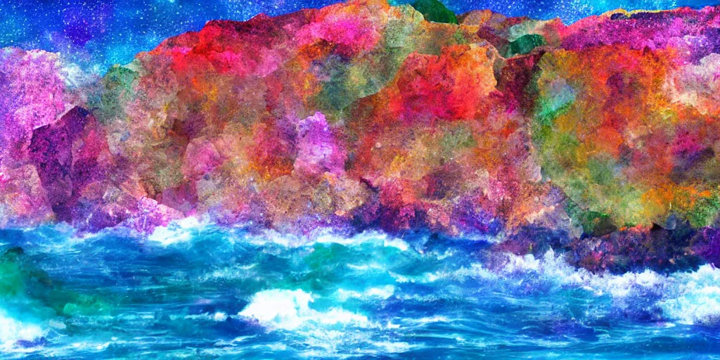 Image similar to glittering multicolored crystal cliffs, viewed from the ocean, high quality digital art,