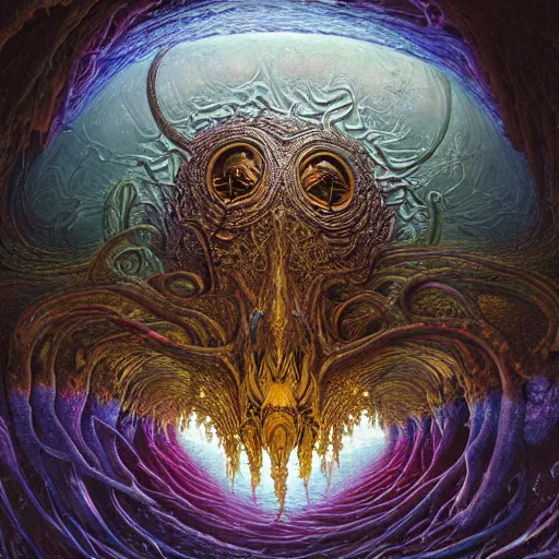 Prompt: A beautifully detailed rendering of an eldritch alien beast by michael whelan, anato finnstark, gustave dore, thomas kinkade, alex grey, and tim white art. 64 Megapixels, Hyperdetailed photorealism, AI Enhanced Digital Art, Organic, 4D Mandelbulb Psychedelics, Holographic Optical Illusions, Translucent Overtones. Art of Illusion, Artrift, finalRender, Flickr, IMAX, Polycount, r/Art, shadow depth, Sketchfab, Sketchlab, Substance Designer, VRay, depth of field, subtractive lighting, panorama, 3DEXCITE, 3Delight, 3D shading.