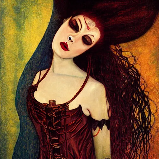 Prompt: A beautiful painting of a lady vampire, steampunk, dracula, soft light, cinematic, klimt