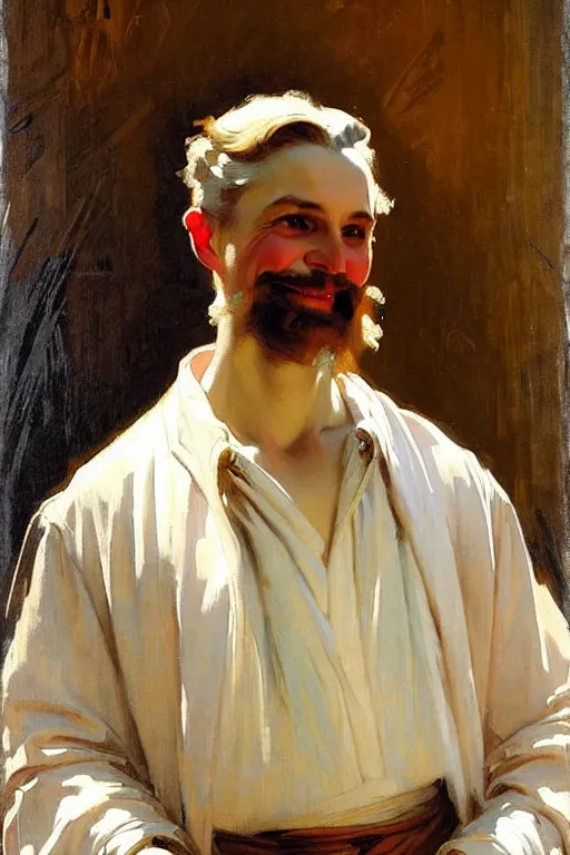 Prompt: leyendecker!!!!!!!!! solomon joseph solomon and richard schmid and jeremy lipking victorian loose genre loose painting full length portrait painting of jesus with a slight smile happy inviting