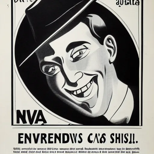 Prompt: Extremely pale human, flat preacher hat, unshaven, sly smile, evil aura, black and white poster art, cca 1930