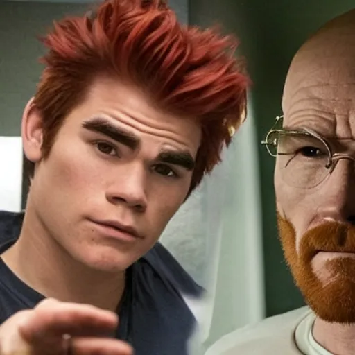 Prompt: kj apa, who has red hair, in the same room with walter white, who is bald, still from breaking bad