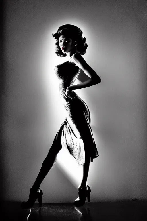 Prompt: zendaya in a dress doing a pin up pose, dark room, cinematic, volumetric lighting, hyperdetailed photograph