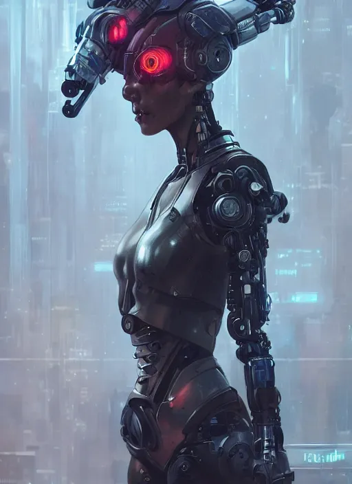 Prompt: Cyberpunk female character with Robotic arms, cyberpunk, sci-fi, intricate, elegant, highly detailed, digital painting, artstation, concept art, smooth, sharp focus, illustration, art by artgerm and greg rutkowski