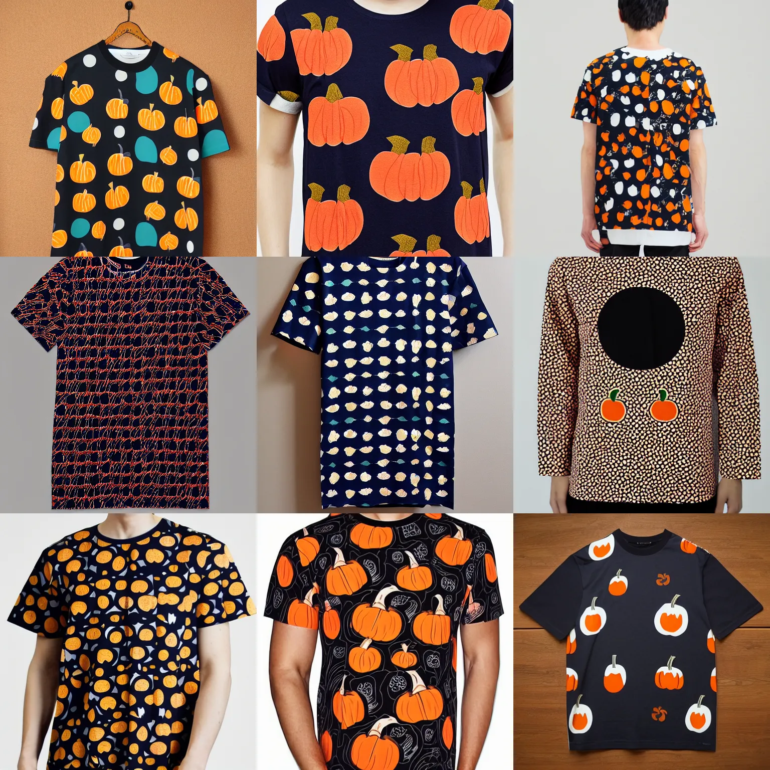 Prompt: marimekko japanese Tsutsugaki men's t-shirt design pumpkin