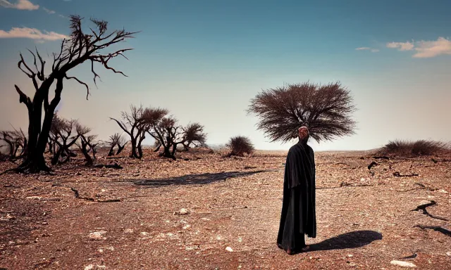 Image similar to medium shot of a nondescript crying ancient dried up Danu, peaceful, facing the camera and standing in front of a dried up river in a desolate land, dead trees, blue sky, hot and sunny, highly-detailed, elegant, dramatic lighting, artstation, 4k, cinematic landscape, photograph by Elisabeth Gadd