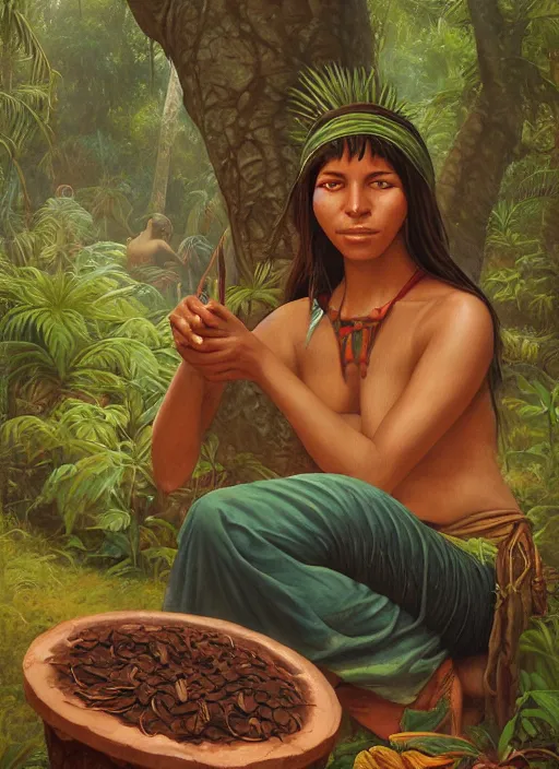 Image similar to a beautiful indigenous woman preparing plant medicines in the jungle, art by christophe vacher