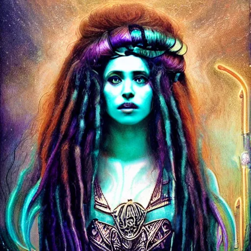 Prompt: sumerian goddess inanna ishtar, ashteroth, techno mystic goddess princess intergalactica, with aqua neon rapunzel dreadlocks, mami wata, atlantis, seapunk, detailed, by gaston bussiere, bayard wu, greg rutkowski, giger, maxim verehin, greg rutkowski, masterpiece, sharp focus,