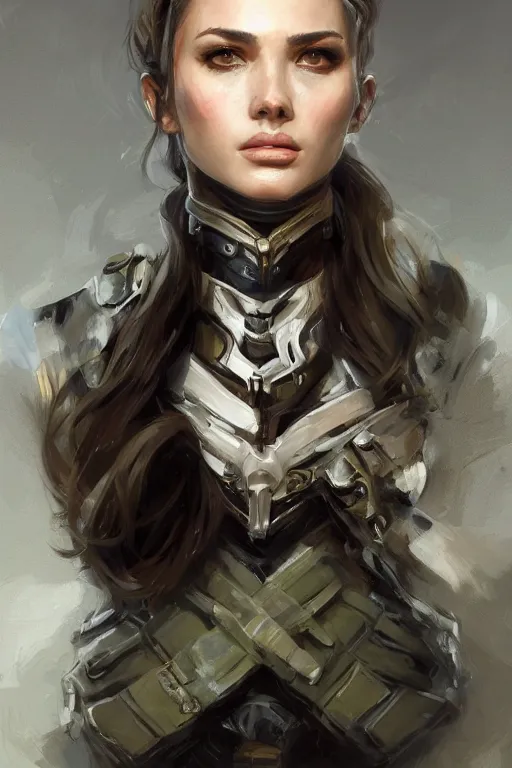 Image similar to a professionally painted portrait of an attractive young woman, clothed in military armor, olive skin, long dark hair, beautiful bone structure, symmetrical facial features, intricate, elegant, digital painting, trending on Artstation, concept art, smooth, sharp focus, illustration, from Metal Gear by Ruan Jia and Mandy Jurgens and Artgerm and William-Adolphe Bouguerea, award winning