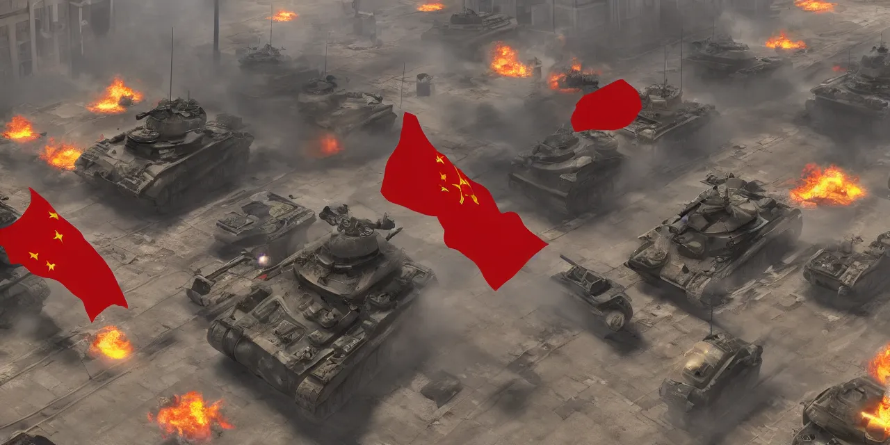 Image similar to tanks burning city, army, china, communist flag, volumetric lighting, unreal engine, realistic