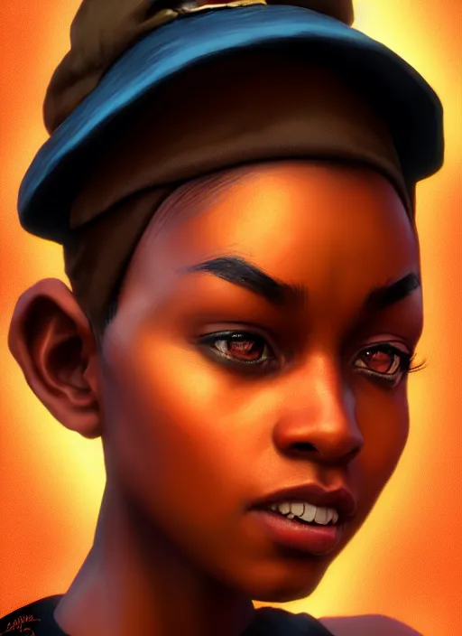 Image similar to An epic fantasy comic book style portrait painting of a young dark skinned girl with short hair wearing fantasy clothes dressed as a boy and wearing newsboy cap, unreal 5, DAZ, hyperrealistic, octane render, cosplay, RPG portrait, dynamic lighting