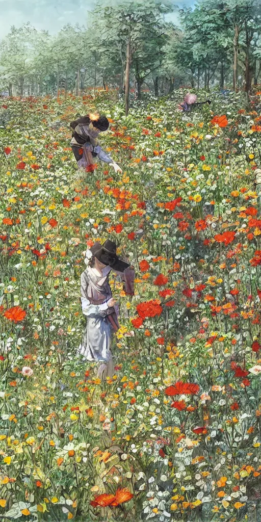 Image similar to oil painting scene from flower fields in the forest by kim jung gi