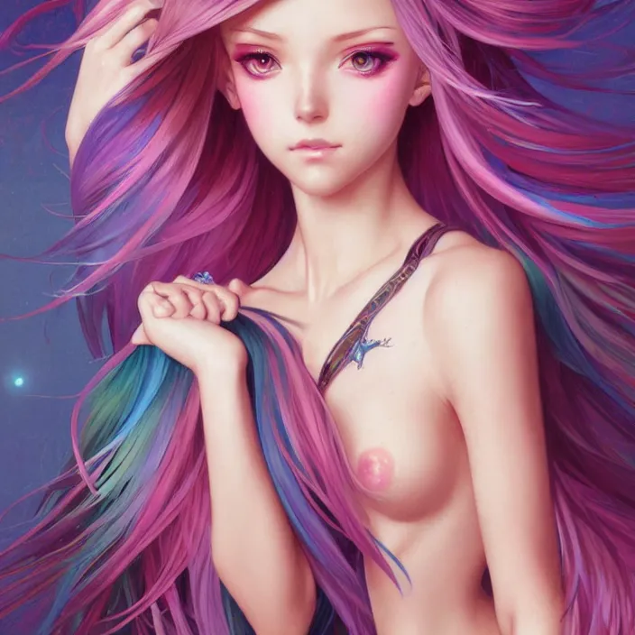 Image similar to full body portrait, a beautiful symmetrical gorgeous anime girl, rainbow hair, attractive, casual, modern, victoria's secret, highly detailed, digital painting, artstation, concept art, smooth, sharp focus, illustration, art by artgerm, greg rutkowski and alphonse mucha, 8 k,