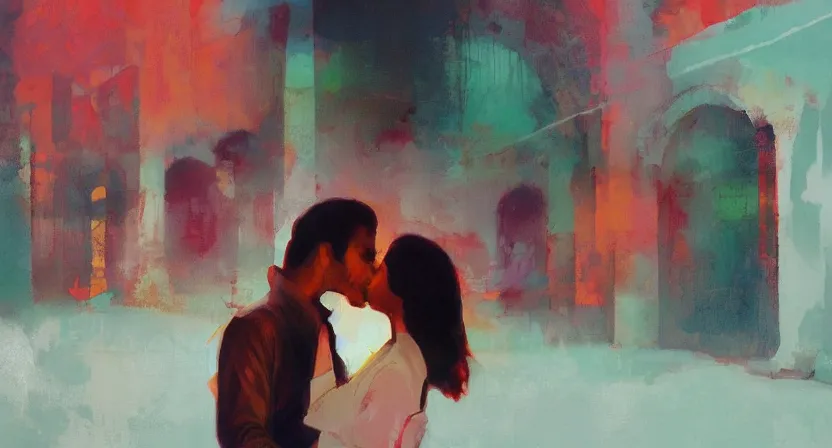 Prompt: people kissing, artwork by salman toor, cinematic light, atmospheric effects