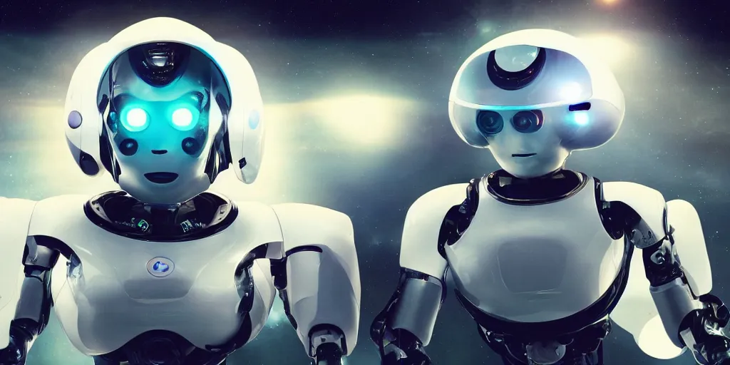 Image similar to futuristic robot babies with rgb ambient lighting eye implants. the robots wears spacesuits, and explores the cosmos on rocket space jet skis. science fiction blockbuster movie teen nebulous or my robot ate my homework, dramatic lighting, interstellar film ( 2 0 1 4 )