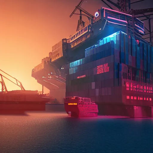 Image similar to Immense industrial futuristic cargo ship arrives at cyber punk city sea port, cinematic lighting, night photo