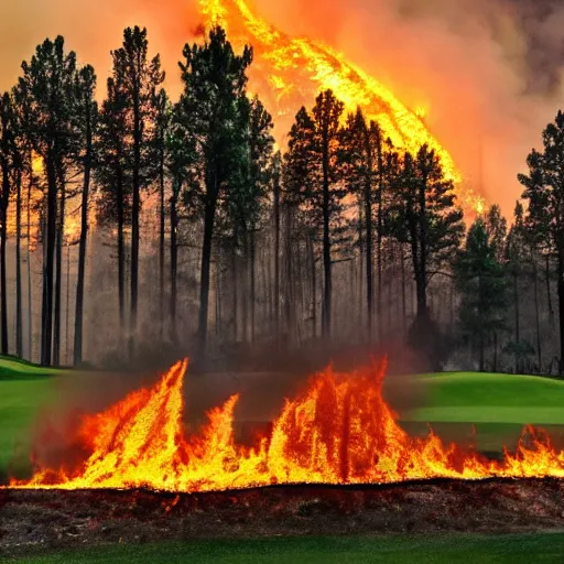 Image similar to lush golf course surrounded by forests on fire