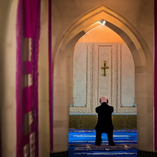 Prompt: Trump praying in mosque, award winning cinematic photography, 50 mm, blurred background, trending on Shutterstock