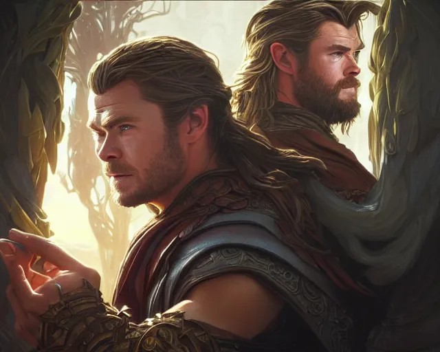 Image similar to photography of chris hemsworth, deep focus, d & d, fantasy, intricate, elegant, highly detailed, digital painting, artstation, concept art, matte, sharp focus, illustration, hearthstone, art by artgerm and greg rutkowski and alphonse mucha