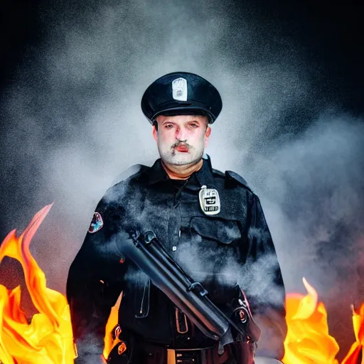 Image similar to portrait of a policeman head on fire , front, centered, riot background, at night ,editorial photography