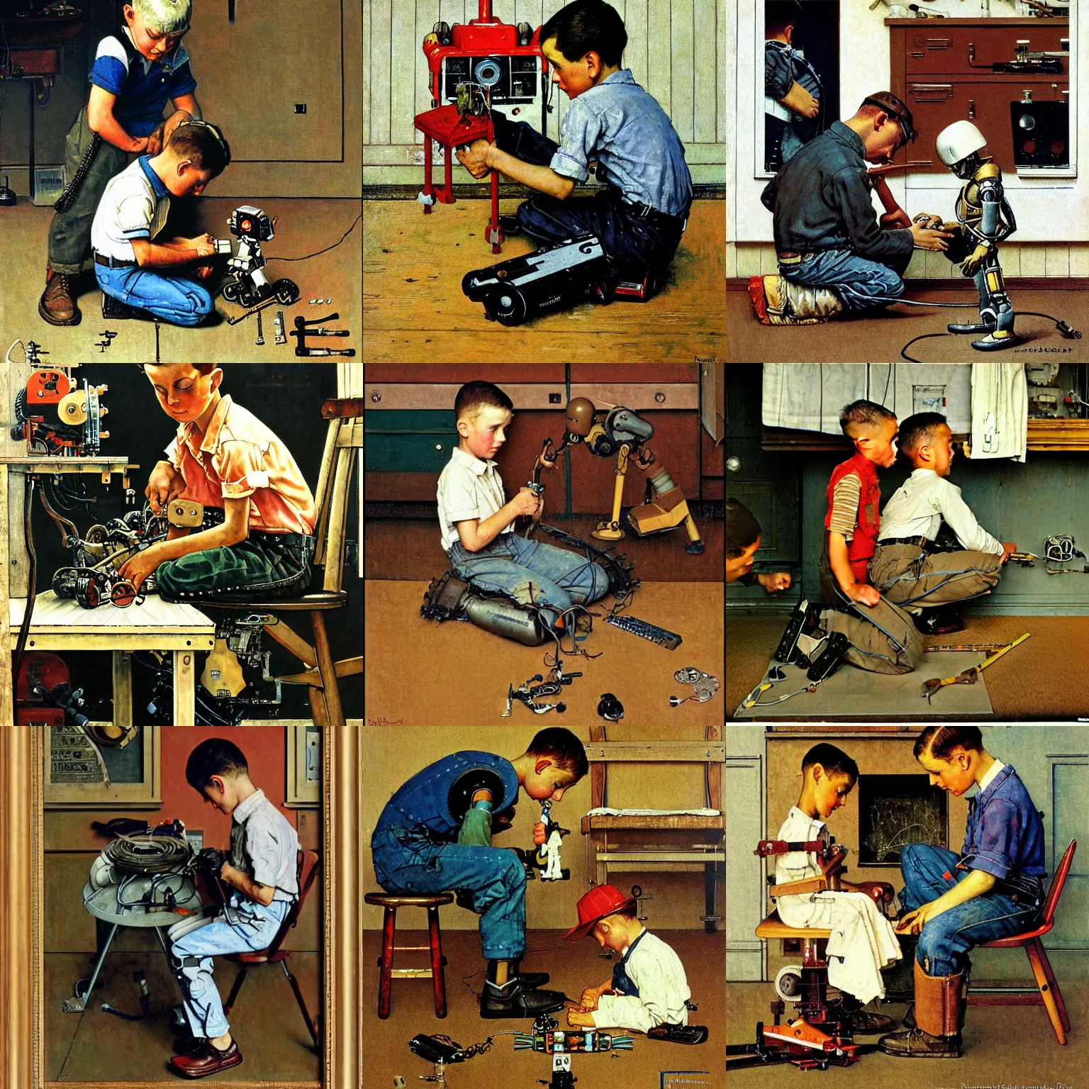 Prompt: a boy fixing his robot, by Norman Rockwell, oil on canvas,