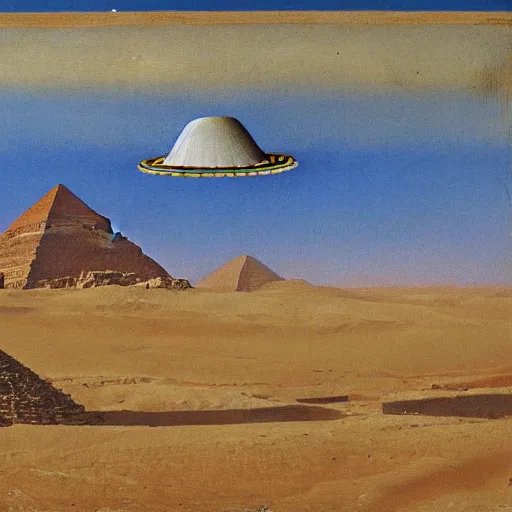 Prompt: ufo over pyramids, egyptian painting