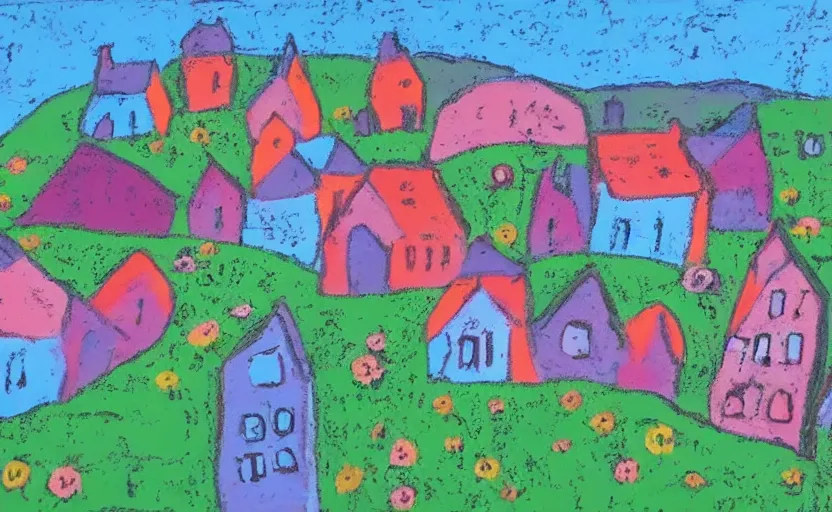 Image similar to village, houses with faces, pastel colours, naive