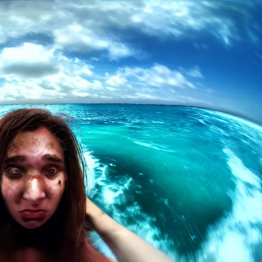 Image similar to Selfie!!!!! of a scared!!!!! woman, in the middle of the ocean!!!!!, first-person view, fisheye!!!!! lens!!!!!, photorealistic image, trending on artstation, 4k, 8k